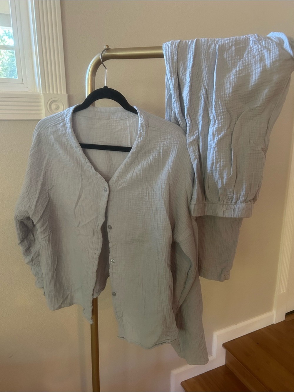 LIGHT GRAY/ BLUE GAUZE 2-PIECE MATCHING SET | SIZE M